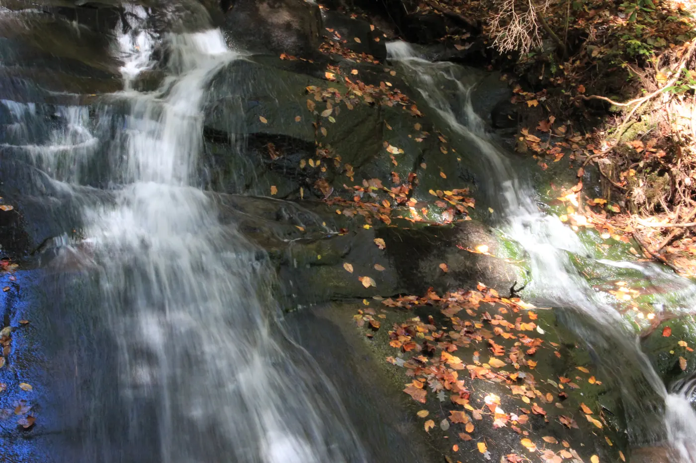 Waterfall spilling over dark rock ledges scattered with fallen autumn leaves